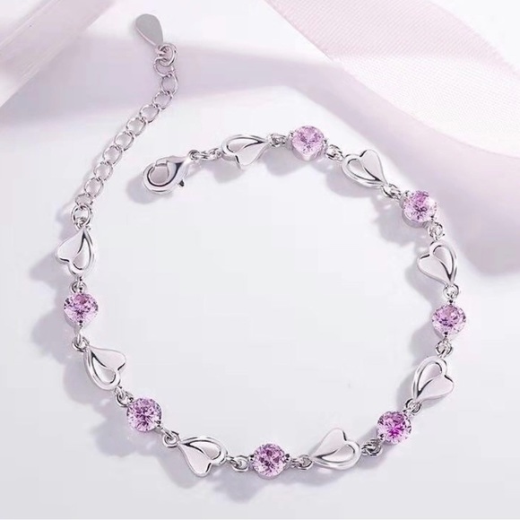 Pink Crystal Heart Link Bracelet | Silver Tone | Adjustable Sparkle - Picture 5 of 5